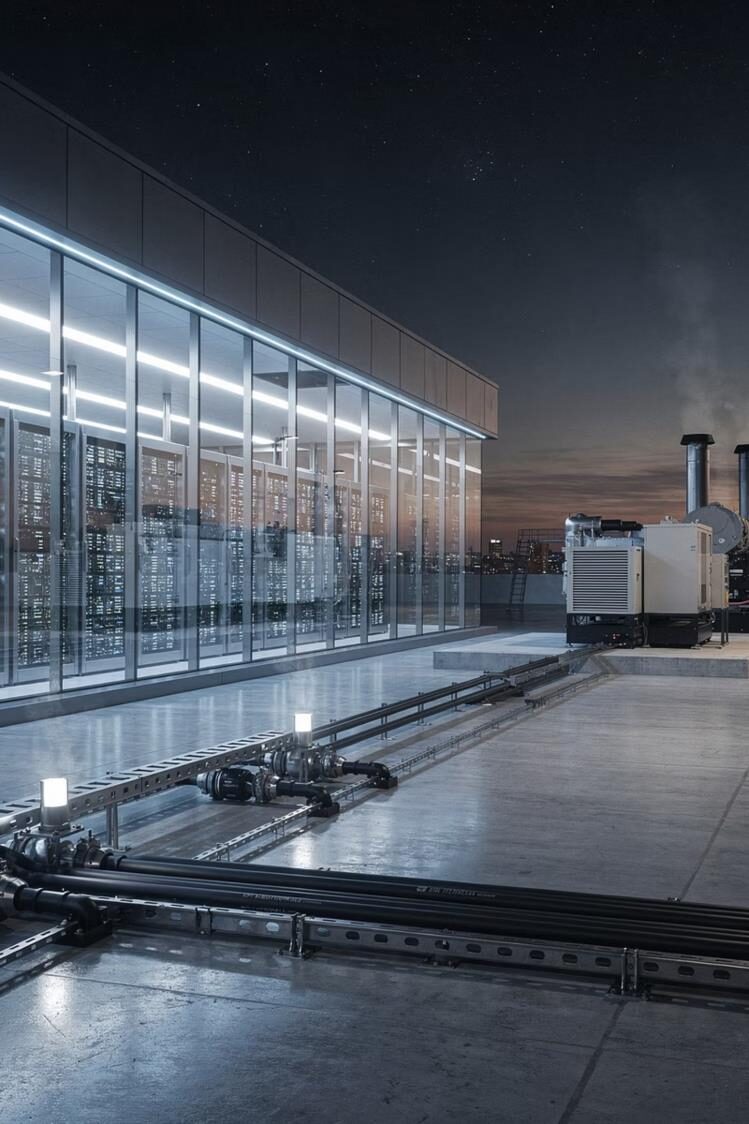 Data center at night with on-site generation
